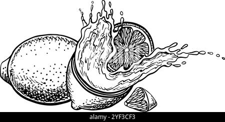 Un citron est entier et demi avec un peu de jus. Illustration graphique vectorielle d'un agrume. Une image dessinée à la main en noir et blanc. Sur un dos blanc Illustration de Vecteur