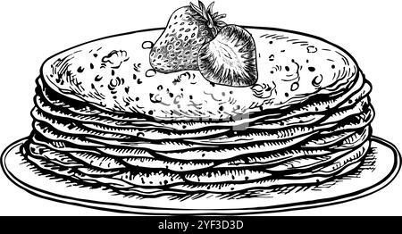 Crêpes sur une assiette avec des fraises. Dessin graphique vectoriel pour les vacances Maslenitsa. Illustration dessinée à la main en noir et blanc. Sur un backgrou blanc Illustration de Vecteur