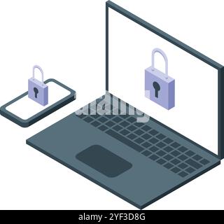 Ordinateur portable et smartphone affichant des icônes de verrouillage bien en vue, symbolisant la protection des données et la cybersécurité dans une vue isométrique Illustration de Vecteur