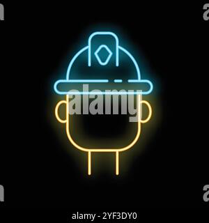 Icône de néon lumineux représentant un travailleur de la construction portant un casque de sécurité, mettant l'accent sur la sécurité au travail Illustration de Vecteur