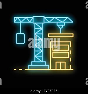 Icône de style néon représentant un chantier de construction avec une grue construisant une nouvelle maison la nuit Illustration de Vecteur