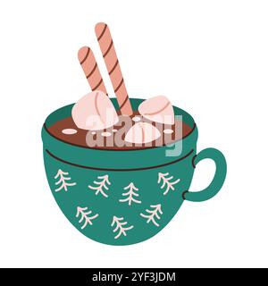 Chocolat chaud avec objet vectoriel plat de couleur de guimauves Illustration de Vecteur