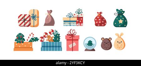 Cute Christmas présente des objets vectoriels de couleur plate d'icônes Illustration de Vecteur