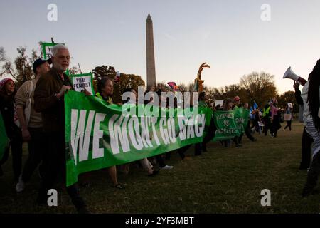 Washington DC, États-Unis. 2 Nov 2024. Des manifestants scandent des slogans lors de la marche nationale des femmes à Washington DC, États-Unis, le 2 novembre 2024. Quelques jours seulement avant les élections américaines, des milliers de manifestantes ont assisté à la Marche des femmes en soutien à la vice-présidente Kamala Harris à Washington DC. La Marche des femmes est un mouvement dirigé par des femmes qui plaide pour un large éventail de questions, y compris l'antiracisme, le droit de vote, l'égalité salariale et la liberté reproductive. Crédit : Aashish Kiphayet/Alamy Live News Banque D'Images