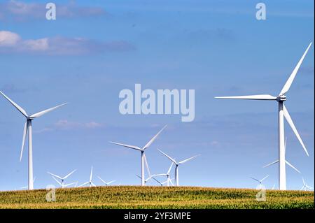 Ransom, Illinois, États-Unis. Les éoliennes s'élèvent dans un grand champ de maïs sur une ferme du centre nord de l'Illinois. Banque D'Images