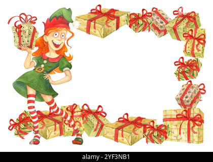 Cadre ou fond de fête horizontal avec personnage de fille d'elfe de dessin animé et boîtes-cadeaux enveloppés dans du papier coloré avec des rubans et des noeuds rouges. Aquarelle Banque D'Images