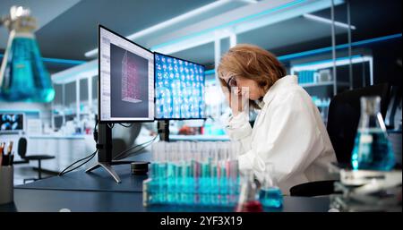 Scientifique triste fatigué avec des maux de tête et du stress Banque D'Images