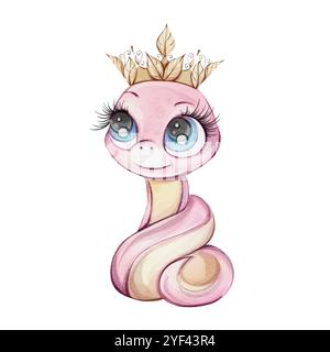 Cette charmante princesse serpent rose, ornée d'une couronne et possédant de grands yeux bleus, est ravissante. Symbole richesse de Chines nouvel an 2025 dans mignon Illustration de Vecteur