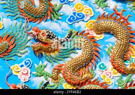 Dragon chinois bas-relief coloré sur le mur. Banque D'Images