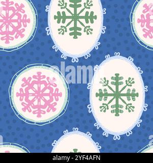 Flocons de neige dans des cadres ronds et ovales modèle sans couture. Fond sans fin d'hiver. Couverture de répétition de Noël BCBG. Motif de Noël motif de motif de surface. VEC Illustration de Vecteur
