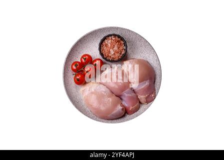 Filets de cuisse de poulet frais crus avec sel, épices et herbes sur fond blanc Banque D'Images