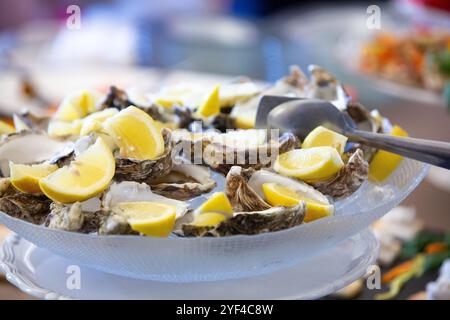 Les huîtres fraîches sur la demi-coquille sont servies avec des quartiers de citron lors d'un buffet Banque D'Images