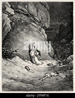 Agar et Ismaël dans le désert (Genèse 21:17-18) ancien Testament. Illustration biblique antique de Gustave Dore (1832-1883) Banque D'Images