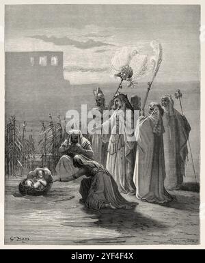 La fille de Pharaon a trouvé Moïse dans un panier parmi les roseaux du Nil. Ancien Testament. Illustration biblique antique de Gustave Dore (1832-1883) Banque D'Images