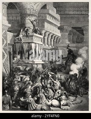 Jonathan Maccabée détruit le Temple de Dagon. Ancien Testament. Illustration biblique antique de Gustave Dore (1832-1883) Banque D'Images