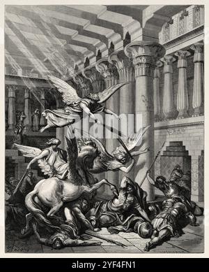 Expulsion d'Heliodorus. Héliodore tentant de prendre un trésor du Temple de Jérusalem. Ancien Testament. Illustration biblique antique de Gustave Dore (1832-1883) Banque D'Images