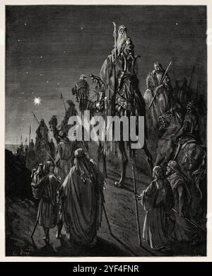 La Nativité. Les trois sages de l'est suivent l'étoile jusqu'à Bethléem (Matthieu 2:9) Nouveau Testament. Illustration biblique antique de Gustave Dore (1832-1883) Banque D'Images