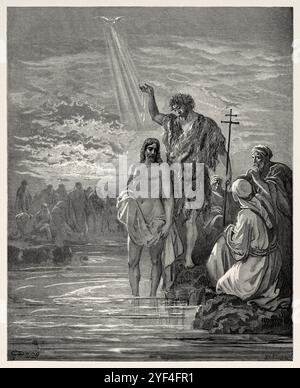 Le baptême de Jésus. Jésus est venu de Galilée au Jourdain pour être baptisé par Jean le Baptiste (Matthieu 3:13-17) Nouveau Testament. Illustration biblique antique de Gustave Dore (1832-1883) Banque D'Images