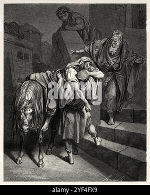 Le bon Samaritain amène l'homme blessé à l'auberge (Luc 10:34) Nouveau Testament. Illustration biblique antique de Gustave Dore (1832-1883) Banque D'Images