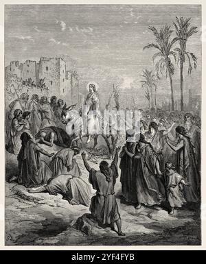 Dimanche des Rameaux, entrée triomphale à Jérusalem. Jésus fait une grande entrée dans la ville de Jérusalem en montant un âne pour accomplir la prophétie de Zacharie. Nouveau Testament. Illustration biblique antique de Gustave Dore (1832-1883) Banque D'Images