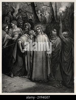 Judas trahissant Christ avec un baiser (Matthieu 26,49) Nouveau Testament. Illustration biblique antique de Gustave Dore (1832-1883) Banque D'Images