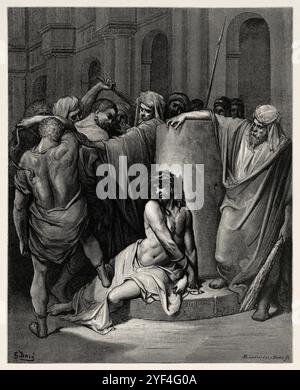 La flagellation du Christ par l'ordre de Ponce Pilate (Jean 19,1) Nouveau Testament. Illustration biblique antique de Gustave Dore (1832-1883) Banque D'Images