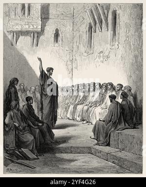 Saint Paul prêchant dans la synagogue de Thessalonique. Nouveau Testament. Illustration biblique antique de Gustave Dore (1832-1883) Banque D'Images