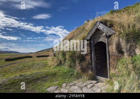 Maison traditionnelle en gazon avec porte en bois et toit en herbe au soleil, réplique d'une maison longue viking, maison d'Eirikr Ãžorvaldsson ou Erik le Rouge, E. Banque D'Images