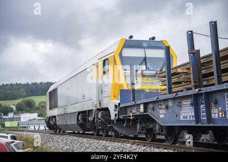 Train de marchandises sur rails sous ciel nuageux en milieu rural, construction de voies, livraison ferroviaire pour Hermann Hessebahn, Calw, Forêt Noire, Allemagne, EUR Banque D'Images