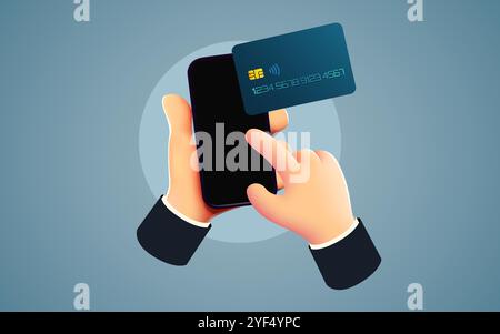 Application bancaire mobile et paiement électronique. Utilisez votre smartphone et payez par carte de crédit via votre portefeuille électronique sans fil sur votre téléphone. Services bancaires en ligne. Achats par téléphone et carte connectée. Illustration vectorielle Illustration de Vecteur