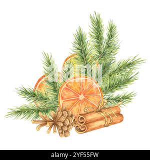 Tranches d'orange, branches de pin, bâtonnets de cannelle et cônes. Clipart aquarelle pour l'artisanat d'hiver, invitations sur le thème des fêtes et emballages de produits. Ajoute un élément festif aux designs numériques et imprimés Banque D'Images
