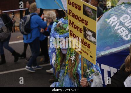 3 novembre 2024, Westminster, Londres, Royaume-Uni marche pour l'eau potable Une coalition de groupes appelant à la fin de la pollution des eaux britanniques marches par la Tamise de Londres, et organise un rassemblement devant le parlement. Crédit photo : Roland Ravenhill/Alamy Banque D'Images