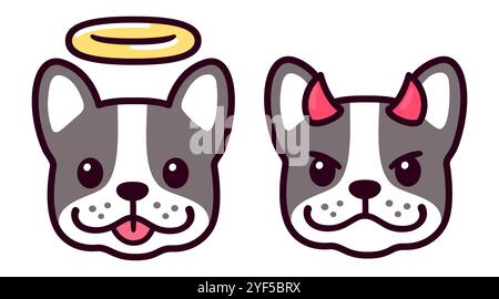 Ange et diable visage de bouledogue français, dessin de dessin animé mignon. Illustration simple de style doodle de chien kawaii Frenchie. Illustration de Vecteur