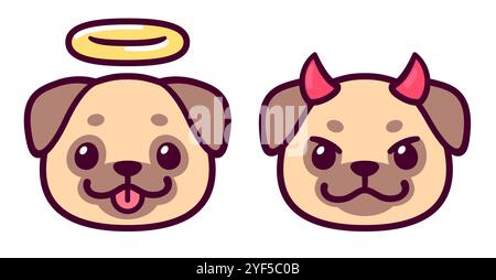 Angel et Devil Pug chien visage, dessin de dessin animé mignon. Illustration simple de style kawaii doodle. Illustration de Vecteur
