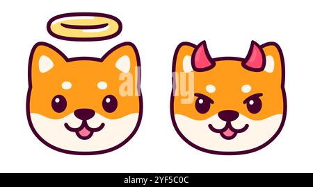 Ange et diable Shiba Inu visage de chien, dessin de bande dessinée mignon. Illustration simple de style kawaii doodle. Illustration de Vecteur