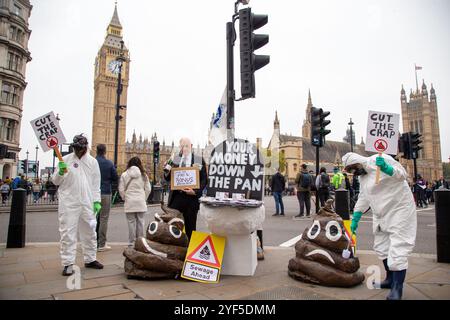 Londres, Angleterre, Royaume-Uni. 3 novembre 2024. Des militants posent devant le parlement britannique lors de la marche pour l'eau potable dans le centre de Londres. Les manifestants exigent une action plus dure pour garder les rivières et les mers du Royaume-Uni propres. (Crédit image : © Tayfun Salci/ZUMA Press Wire) USAGE ÉDITORIAL SEULEMENT! Non destiné à UN USAGE commercial ! Crédit : ZUMA Press, Inc/Alamy Live News Banque D'Images