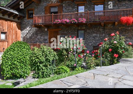 Le jardin fleuri d'une maison de montagne typique en pierre et bois en été, Courmayeur, Aoste, Vallée d'Aoste, Italie Banque D'Images