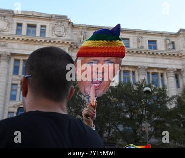 Washington, DC, États-Unis. 02 novembre 2024. Effigie de l'ancien président Donald Trump portant un chapeau de fierté en tricot tenu en vol lors de la Marche des femmes sur la capitale à Washington, DC, USA le 2 novembre 2024 (photo par Ethan Johnson/Sipa USA) crédit : Sipa USA/Alamy Live News Banque D'Images