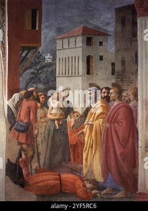 La distribution des Alms et la mort d'Ananias, par Masaccio. Banque D'Images