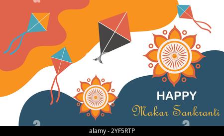 Bonne carte de festival de voeux Makar Sankranti, bannière, affiche, couverture de médias sociaux avec cerf-volant, conception graphique d'illustration vectorielle de soleil Illustration de Vecteur