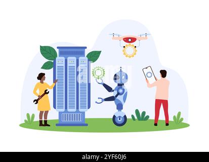 Ingénieurs collaborant avec des robots et des drones pour améliorer l'automatisation et la technologie dans un environnement futuriste, en se concentrant sur des solutions innovantes et l'efficacité, l'illustration vectorielle. Illustration de Vecteur