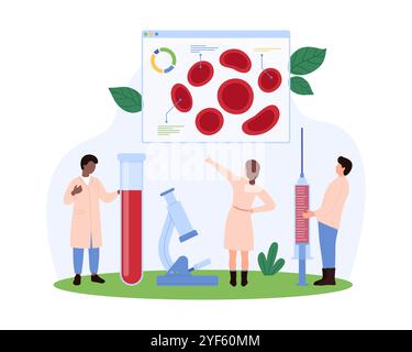 Scientifiques analysant des échantillons de sang. On pointe vers un grand écran affichant les cellules sanguines, tandis que d'autres manipulent un tube à essai et une seringue, représentant l'illustration vectorielle de la recherche médicale. Illustration de Vecteur