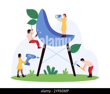 Individus engagés dans la fabrication de meubles, en utilisant divers outils pour assembler et construire des pièces, mettant en évidence la collaboration, l'artisanat, l'illustration vectorielle de processus de production efficace Illustration de Vecteur