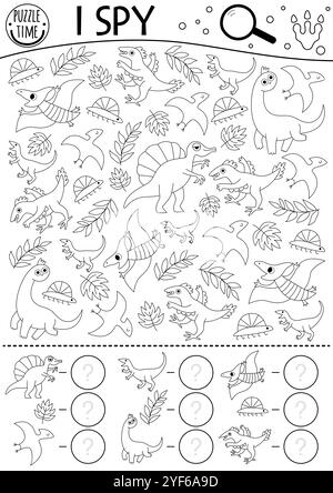 Dinosaure noir et blanc I Spy jeu pour les enfants. Recherche et comptage de l'activité des lignes avec brachiosaur, ptérosaure, vélociraptor. BT préhistorique imprimable Illustration de Vecteur