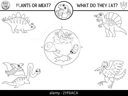 Dinosaure noir et blanc assorti de l'activité avec des animaux mignons et de la nourriture qu'ils mangent. Puzzle de ligne préhistorique ou jeu avec ptérosaure, stegosaur. Imprimable avec Illustration de Vecteur