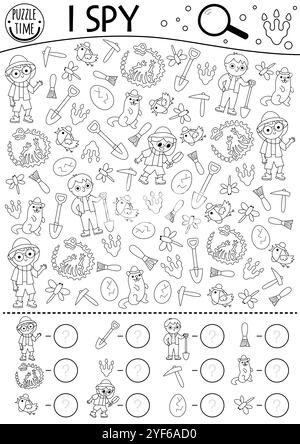 Dinosaure noir et blanc I Spy jeu pour les enfants. Recherche et comptage de l'activité de ligne avec paléontologues, os, squelette. Feuille de travail imprimable préhistorique Illustration de Vecteur