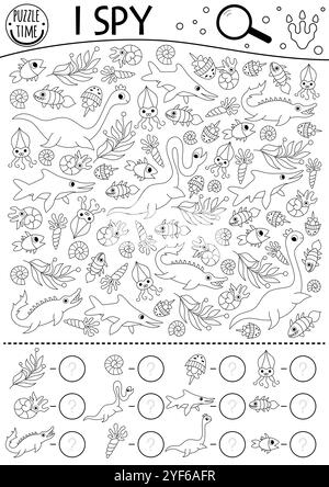 Dinosaure noir et blanc I Spy jeu pour les enfants. Recherche et comptage de l'activité de ligne avec plésiosaure, poisson, mosasaure. Feuille de travail préhistorique imprimable, c Illustration de Vecteur