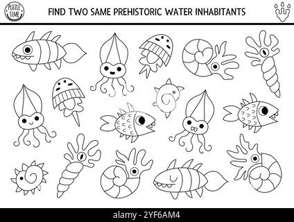 Trouvez deux mêmes habitants de l'eau préhistorique. Activité d'appariement noir et blanc. Feuille de travail de quiz de ligne éducative de dinosaure pour les enfants avec ancien océan A. Illustration de Vecteur