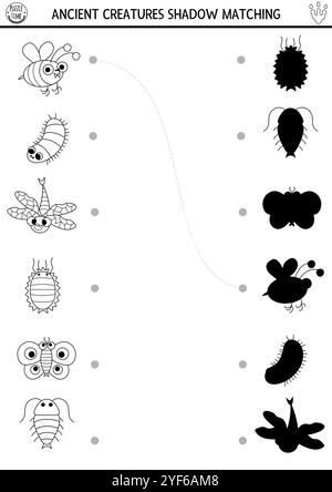 Ombre noire et blanche de dinosaure assortie à l'activité d'insectes anciens. Puzzle de ligne préhistorique avec libellule mignonne, papillon, coléoptère. Trouver les bons s Illustration de Vecteur
