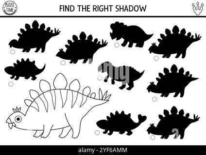 Dinosaure noir et blanc ombre assortie à l'activité avec l'animal antique. Puzzle de ligne préhistorique avec stegosaur. Trouvez les œuvres imprimables de silhouette correctes Illustration de Vecteur